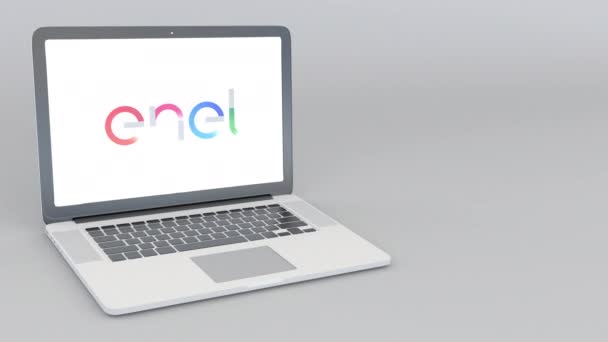 Otwieranie i zamykanie laptopa z Enel logo. 4 k redakcji animacji — Wideo stockowe