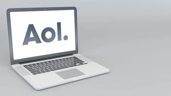 Opening and closing laptop with AOL logo. 4K editorial 3D rendering Royalty Free Stock Photos
