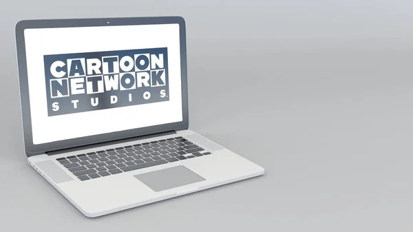 Apertura e chiusura laptop con logo Cartoon Network Studios. Rendering 3D editoriale 4K — Foto Stock