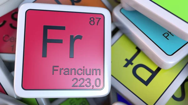 Bloco de Francium Fr na pilha de tabela periódica dos blocos de elementos químicos. Renderização 3D — Fotografia de Stock