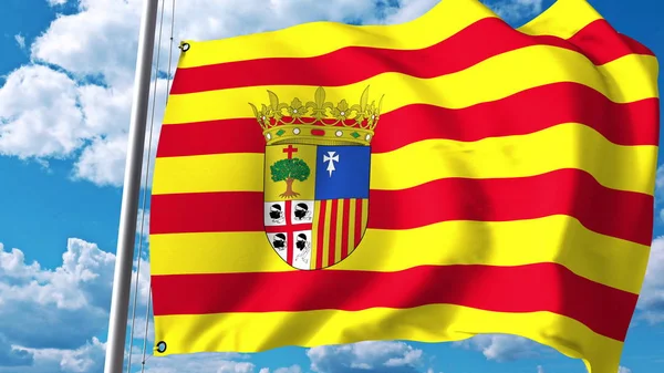 Viftande flagga av Aragonien, en autonom region i Spanien. 3D-rendering — Stockfoto