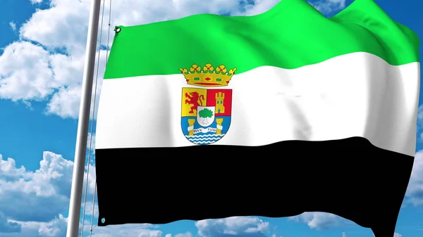 Sventolando bandiera dell'Estremadura, una comunità autonoma in Spagna. Rendering 3D — Foto Stock