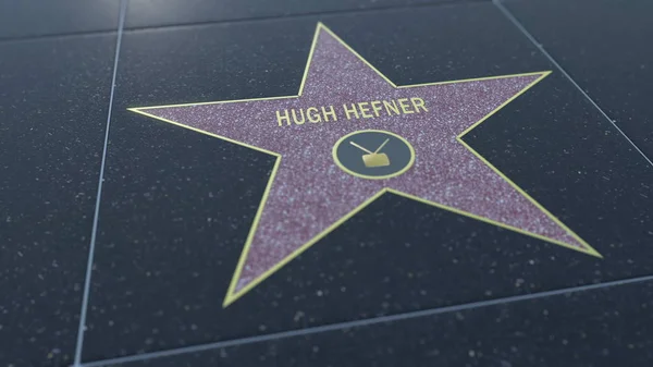 Hollywood Walk of Fame star with HUGH HEFNER inscription. Editorial 3D rendering — Stock Photo, Image