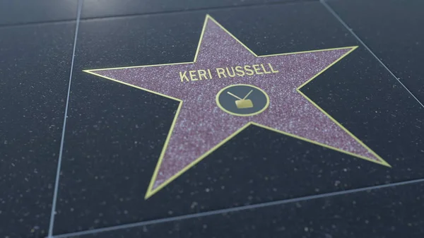 Bintang Hollywood Walk of Fame dengan tulisan KERI RUSSELL. Perenderan 3D Editorial — Stok Foto