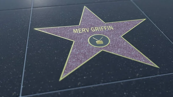 Estrella del Paseo de la Fama de Hollywood con inscripción MERV GRIFFIN. Representación Editorial 3D — Foto de Stock