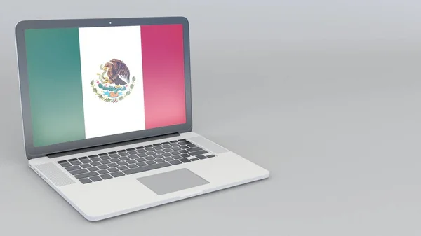 Otwieranie i zamykanie laptopa z flagą Meksyku na ekranie. Usługi turystyczne, planowanie podróży lub badania kulturowe koncepcje 3d renderowania — Zdjęcie stockowe