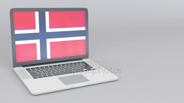 Abrir e fechar laptop com bandeira da Noruega na tela — Vídeo de Stock