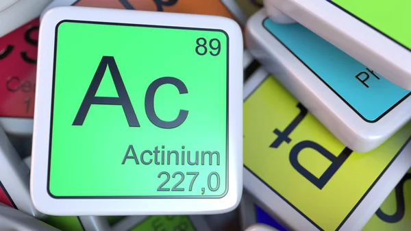 Blocco di attinio Ac sul mucchio di tavola periodica dei blocchi di elementi chimici. Rendering 3D — Foto Stock