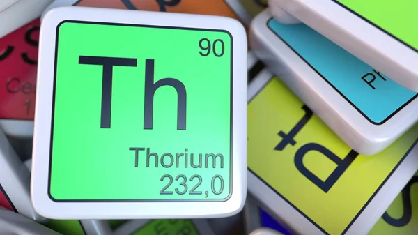 Thorium Th blocco sul mucchio di tavola periodica dei blocchi di elementi chimici. Rendering 3D — Foto Stock