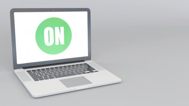 Ανοίγματος και κλεισίματος το laptop με το λογότυπο στο ημιαγωγών. 4 k σύνταξης κινούμενα σχέδια — Αρχείο Βίντεο