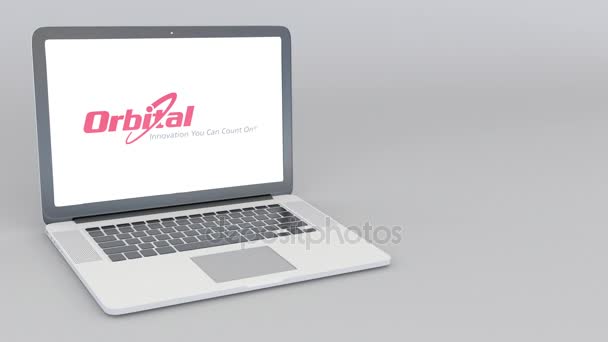 Abrir e fechar laptop com logotipo da Orbital Sciences Corporation. Animação editorial 4K — Vídeo de Stock