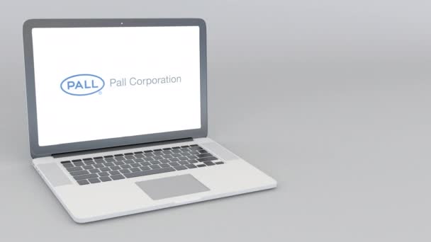 Nyitó és záró laptop Pall Corporation logóval. 4 k szerkesztői animáció — Stock videók