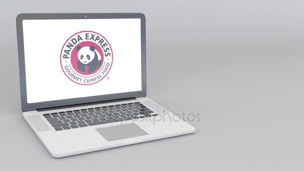 Openen en sluiten van laptop met Panda Express-logo. 4 k redactionele animatie — Stockvideo