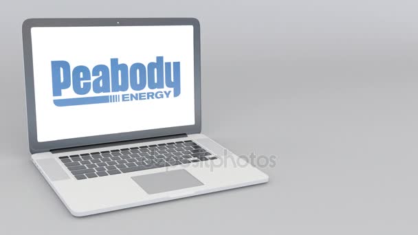 Opening and closing laptop with Peabody Energy logo. 4K editorial animation — Stock Video