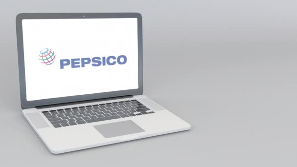 Abrir e fechar laptop com logotipo Pepsico. Animação editorial 4K — Vídeo de Stock
