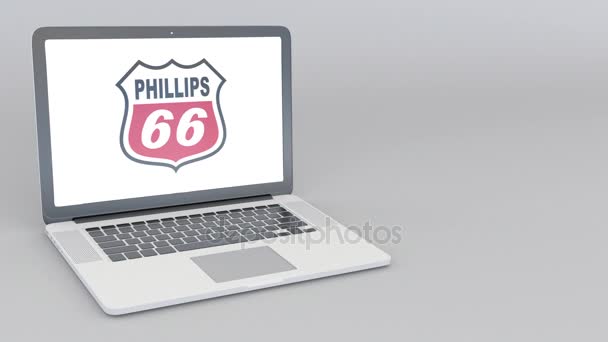 Opening and closing laptop with Phillips 66 logo. 4K editorial animation — Stock Video