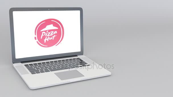 ピザハットのロゴとノート パソコンの開閉。4 k 編集アニメーション — ストック動画