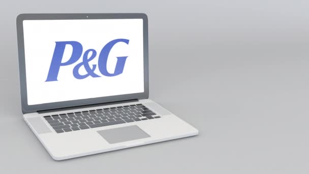 Abrir e fechar laptop com logotipo Procter Gamble. Animação editorial 4K — Vídeo de Stock