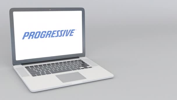 Ordinateur portable ouvrant et fermant avec logo Progressive Corporation. Animation éditoriale 4K — Video