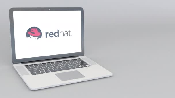 Abrir e fechar laptop com logotipo Red Hat. Animação editorial 4K — Vídeo de Stock