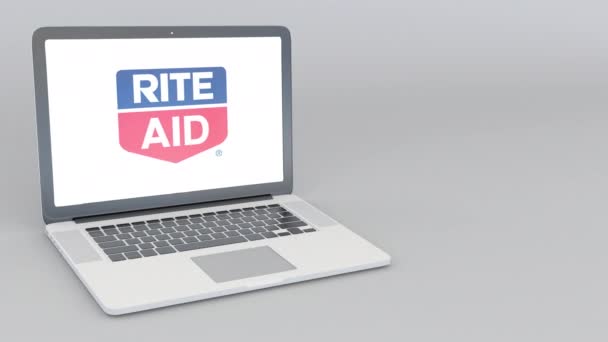 Apertura e chiusura laptop con logo Rite Aid. Animazione editoriale 4K — Video Stock