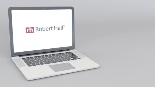 Άνοιγμα και κλείσιμο laptop με Robert Half διεθνές λογότυπο. 4 k σύνταξης κινούμενα σχέδια — Αρχείο Βίντεο