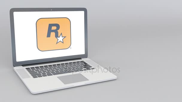 Ανοίγματος και κλεισίματος το laptop με το λογότυπο της Rockstar Games. 4 k σύνταξης κινούμενα σχέδια — Αρχείο Βίντεο