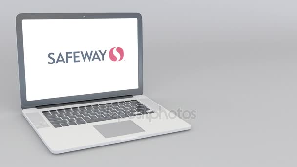 Açılış ve kapanış Safeway Inc logolu dizüstü bilgisayar. 4 k editoryal animasyon — Stok video
