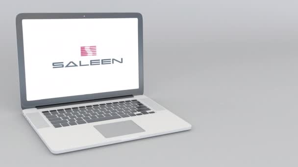 Abrir e fechar laptop com logotipo da Saleen Automotive. Animação editorial 4K — Vídeo de Stock