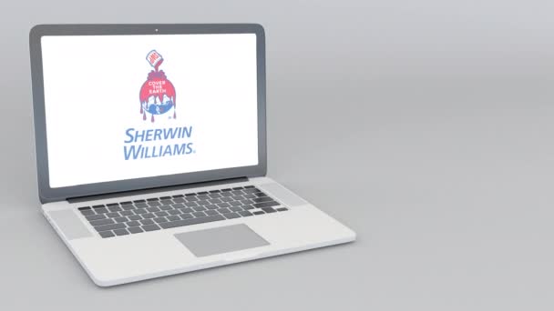 シャーウィン ・ ウィリアムズのロゴとノート パソコンの開閉。4 k 編集アニメーション — ストック動画