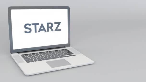 使用 Starz 徽标打开和关闭笔记本电脑。4k 编辑动画 — 图库视频影像