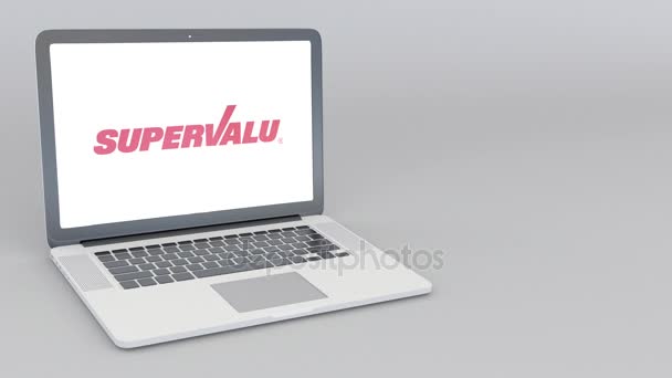 Laptop öffnen und schließen mit Supervalu-Logo. 4k redaktionelle Animation — Stockvideo