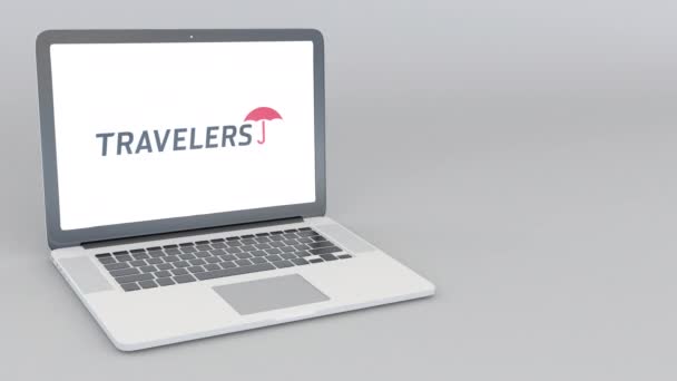 Deschiderea și închiderea laptopului cu logo-ul Companiilor Călătorilor. Animație editorială 4K — Videoclip de stoc