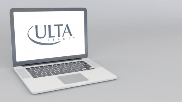 Ανοίγματος και κλεισίματος το laptop με το λογότυπο Ulta ομορφιά. 4 k σύνταξης κινούμενα σχέδια — Αρχείο Βίντεο