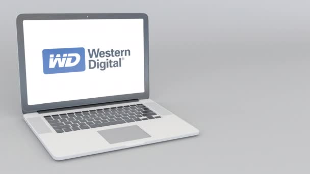 Ανοίγματος και κλεισίματος το laptop με το λογότυπο της Western Digital. 4 k σύνταξης κινούμενα σχέδια — Αρχείο Βίντεο