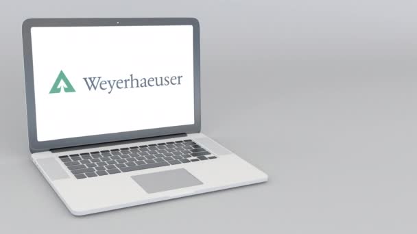 Openen en sluiten van laptop met Weyerhaeuser logo. 4 k redactionele animatie — Stockvideo