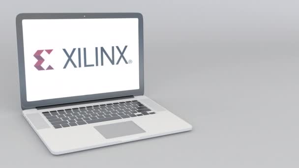 使用 Xilinx 徽标打开和关闭笔记本电脑。4k 编辑动画 — 图库视频影像