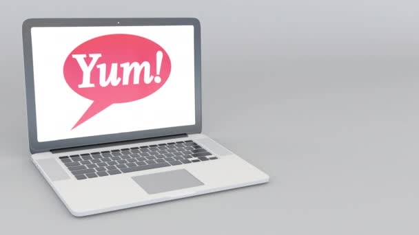 Otwieranie i zamykanie laptopa z logo marki Dim. 4 k redakcji animacji — Wideo stockowe