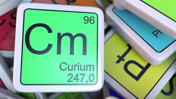 Curium Cm blocco sulla pila di tavola periodica dei blocchi di elementi chimici. Rendering 3D — Foto Stock