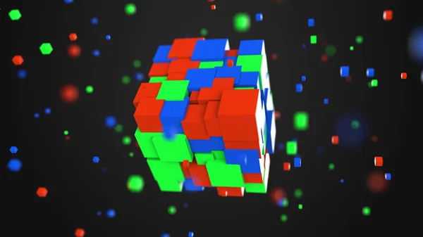 Múltiples cubos rojos, verdes y azules. Modelo de color RGB o conceptos de modelo 3D, renderizado 3D — Foto de Stock