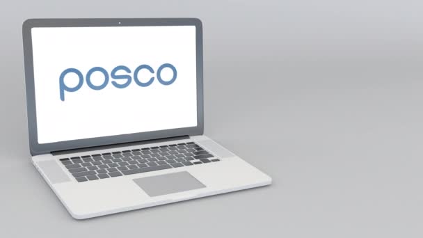 Otevírání a zavírání notebooku s logem Posco. 4 k redakční animace — Stock video