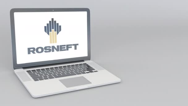 Laptop öffnen und schließen mit rosneft-Logo. 4k redaktionelle Animation — Stockvideo