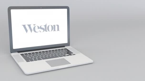 Computer portatile di apertura e chiusura con logo George Weston Limited. Animazione editoriale 4K — Video Stock