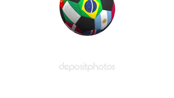 Felvázoló különböző nemzeti csapatok ékezetes Brazília zászlaja futball labda pattogó. Alfa-Matt könnyű háttér változása — Stock videók