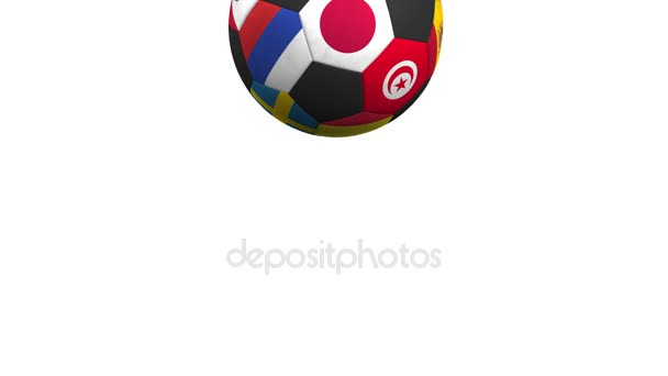 Γερός μπάλα ποδοσφαίρου που χαρακτηρίζει διαφορετικές εθνικές ομάδες εμφάσεις σημαία της Ιαπωνίας. Άλφα ματ για αλλαγή φόντου εύκολο — Αρχείο Βίντεο