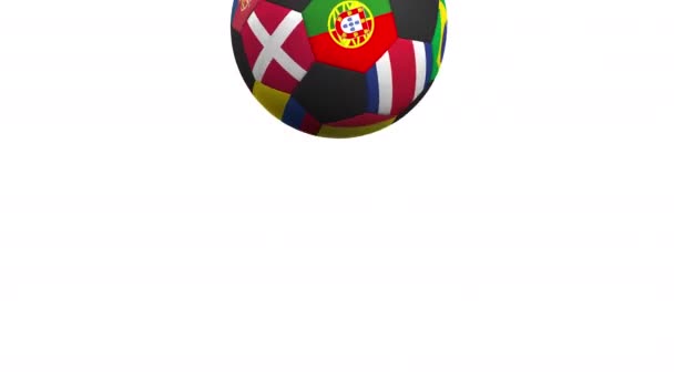 Pattogó futball labda, featuring ékezetes különböző nemzeti csapat Portugália lobogója. Alfa-Matt könnyű háttér változása — Stock videók