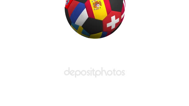 Saltando bola de futebol com diferentes equipes nacionais sotaques bandeira da Espanha. Alpha matte para fácil mudança de fundo — Vídeo de Stock