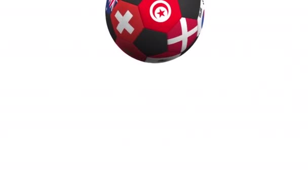 弹跳足球特色不同的国家队口音突尼斯国旗。用于轻松背景更改的 Alpha 遮罩 — 图库视频影像
