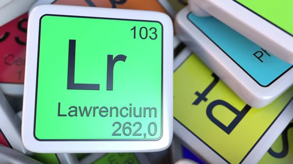 Lawrencium Lr blocco sul mucchio di tavola periodica dei blocchi di elementi chimici. Rendering 3D — Foto Stock