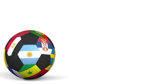 Balón de fútbol con diferentes selecciones nacionales acentos bandera de Argentina. Renderizado 3D — Foto de Stock